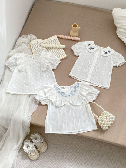 Summer Hot Selling Baby Girls Floral Embroidery Short Sleeves Top And Denim Shorts Clothing Set-5