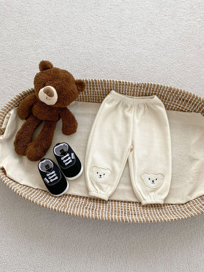 Spring Adorable Baby Kids Unisex Teddy Bear Knitted Waffle Grid Thin Pants-6