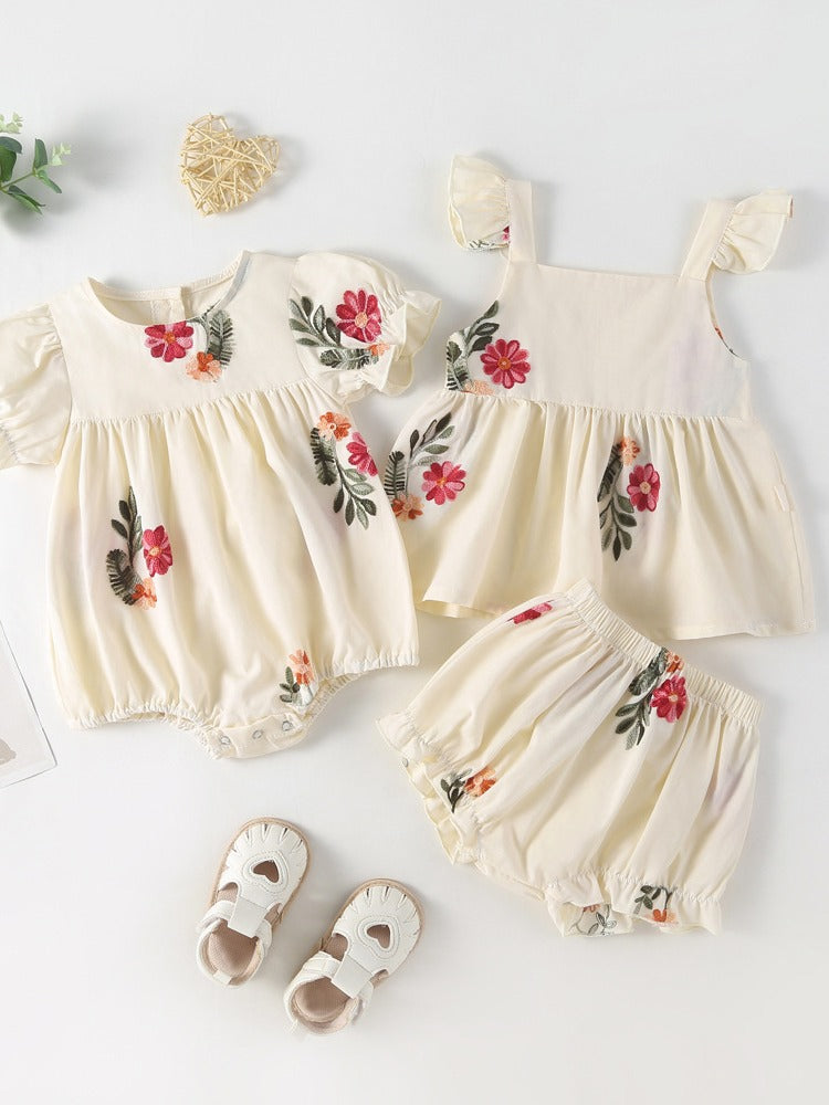 Summer Baby Kids Girls Floral Pattern Sleeveless Strap Top Dress And Bloomers Clothing Set/ Onesies-0