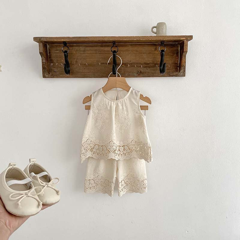 New Design Summer Baby Kids Girls Floral Embroidery And Hollow-Out Pattern Dress And Shorts Clothing Set-5