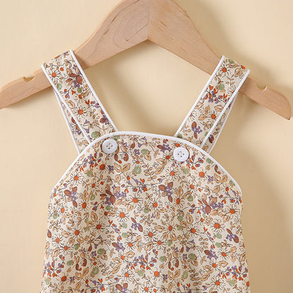 Baby Girl Floral Print Pattern Solid Color Sleeveless Onesies In Summer Outfit Wearing-6