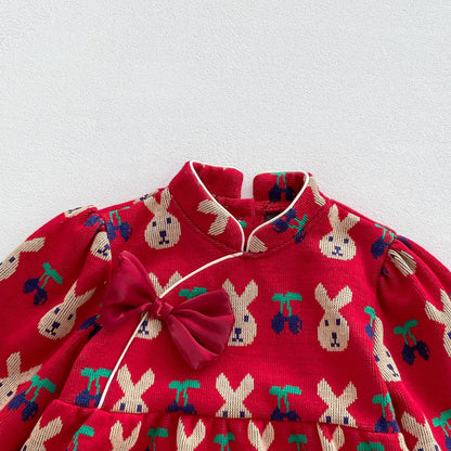 Infant Baby Girls Rabbit&amp;Cherry Around Long Sleeve One Piece-5