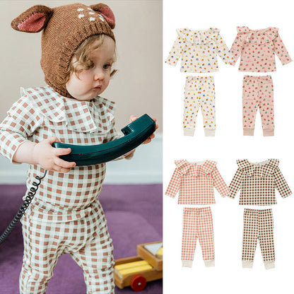 Baby Cartoon &amp; Plaid Pattern Ruffle Neck Design Long Sleeve Sets-0