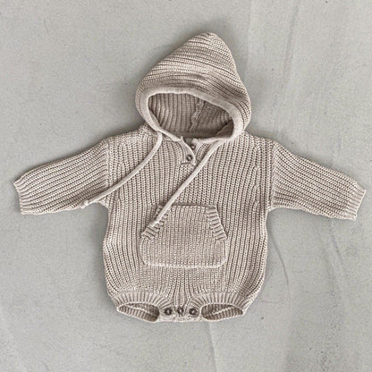 Baby Solid Color Knitted Hooded Triangle Onesies-0