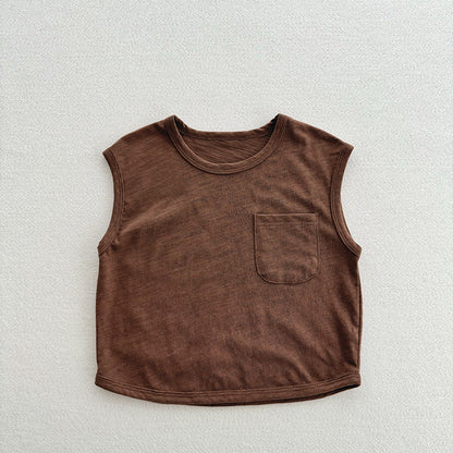 Refreshing Sleeveless Summer New Children’s Vest, Unisex Baby Bamboo Cotton Casual Pocketed Top-4