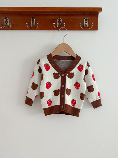 Baby Girls Cute Strawberry Combo Little Bear Head Long-Sleeved Cardigan-6