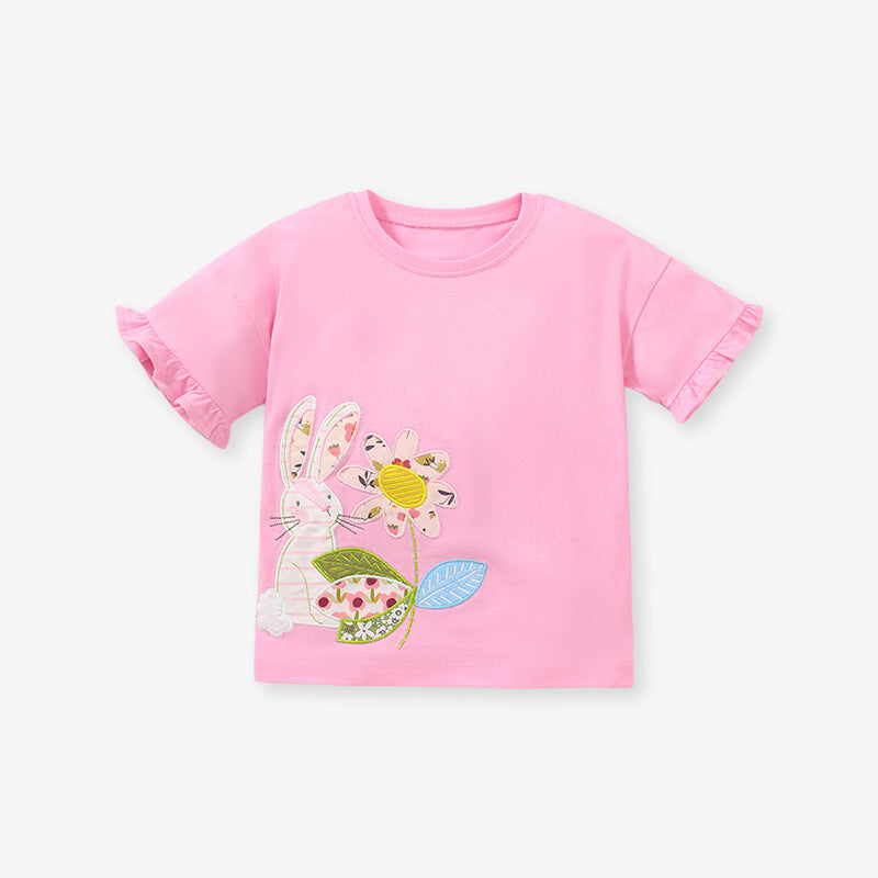 Baby Girl Rabbit Cartoon Floral Ruffle Short Sleeve O-Neck Cotton Summer T-Shirt-0