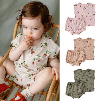 Summer Baby Kids Unisex Floral/Fruit Printing Sleeveless Crew Neck Vest And Shorts Clothing Sets-0