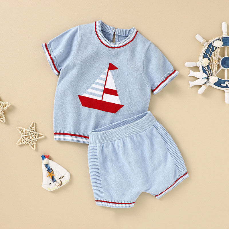 Baby Boy Embroidered Graphic Striped Neck &amp; Sleeve Design Tee Combo Shorts Sailor Style Sets-5