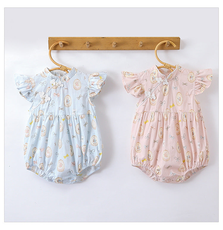 Summer Hot Selling Baby Girls Rabbits Print Fly Sleeves Stand Collar Onesies-0