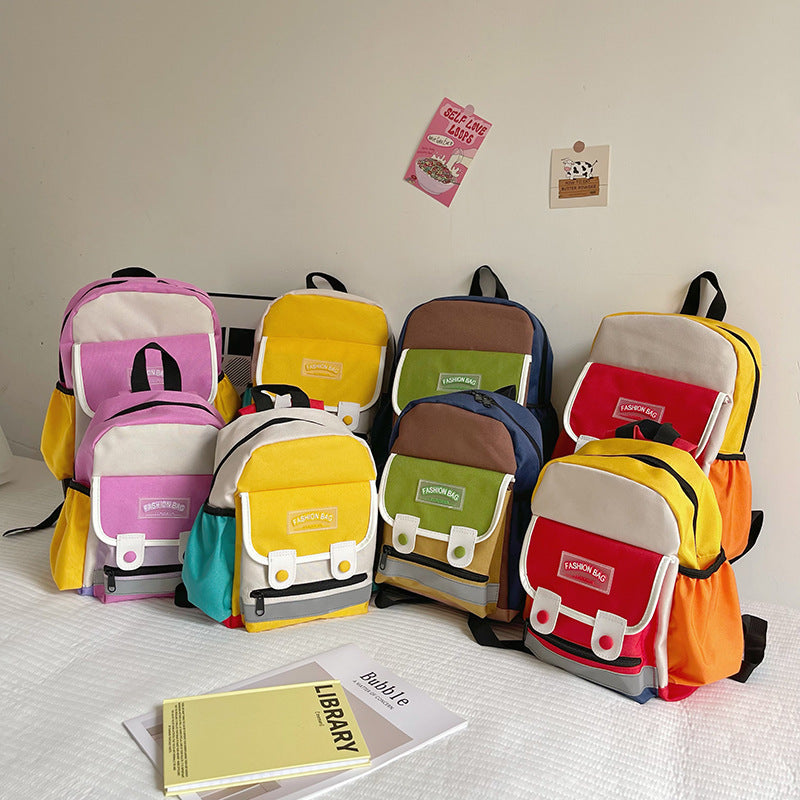 Preschool Children Lightweight Portable Spacious Color Patchwork Canvas Backpack-0