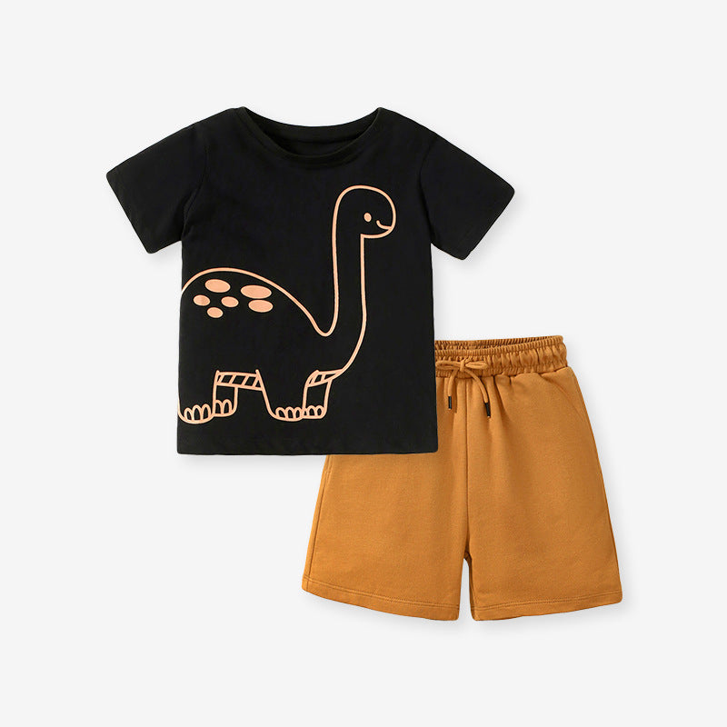 Baby And Kids Boys Dinosaur Cartoon Short Sleeves Top And Shorts Casual Clothing Set-0