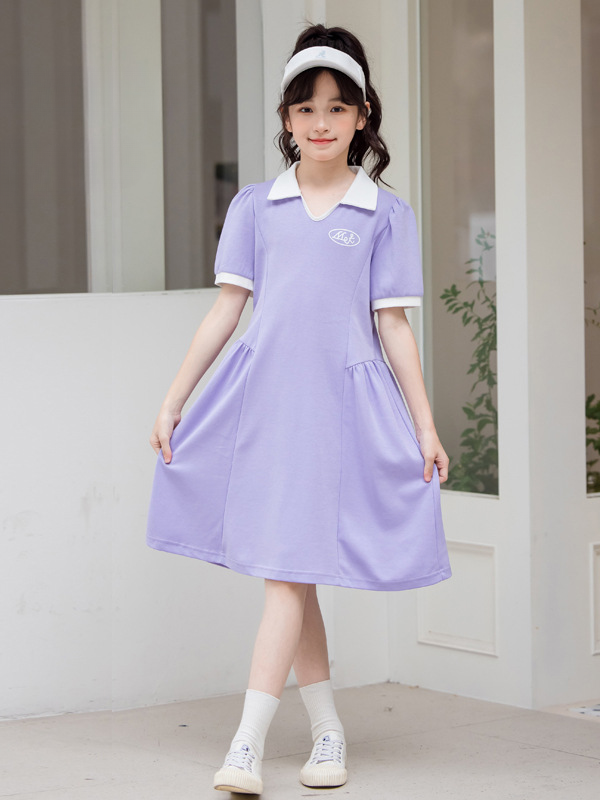 Hot Selling Summer Kids Girls Sports Style Purple Short Sleeves Turn-Down Collar Dress-4