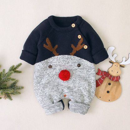 Baby Cartton Pattern Contrast Design Side Button Christmas Knitted Romper-5