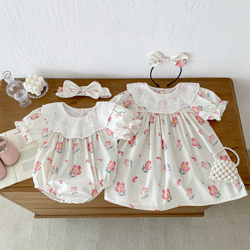 Summer Girls Flowers Pattern Short Sleeves Embroidery Collar Onesies And Dress – Sister Matching Clothing Set-0