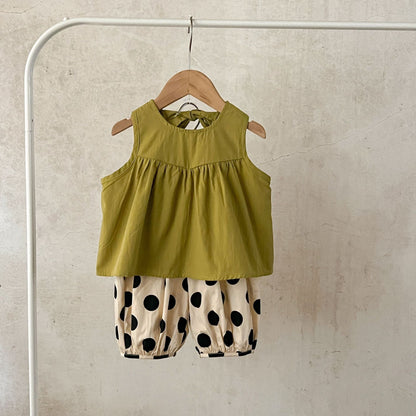 Summer New Arrival Baby Girls Sleeveless Crew Neck Solid Color Top And Polka Dot Shorts Clothing Set-3