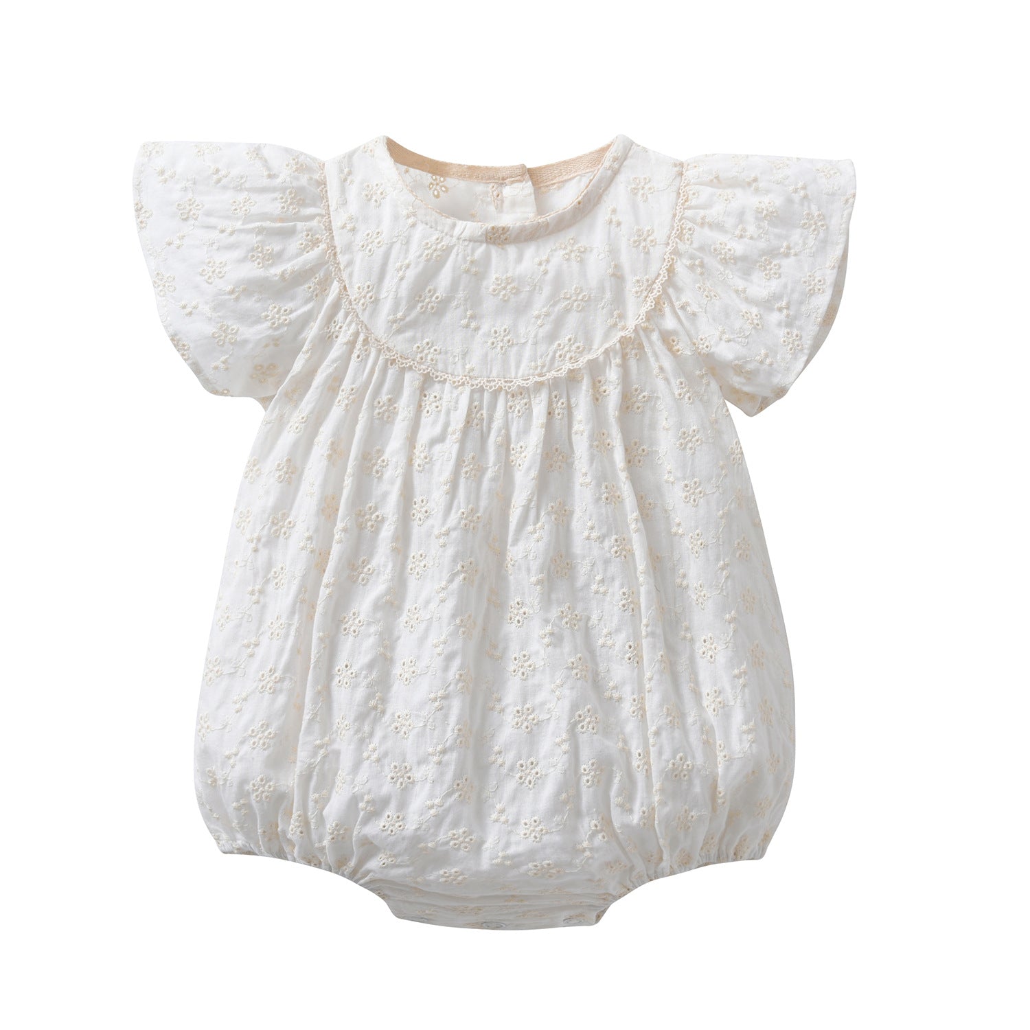 Baby Girls Lace Embroidery Round Collar Fly And Short Sleeve Onesies With Bottons-5