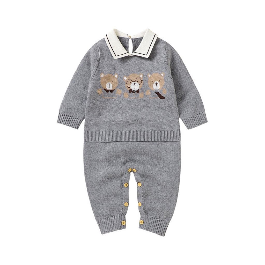 Baby Cartoon Bear Pattern Lapel Design Knitted Romper-6