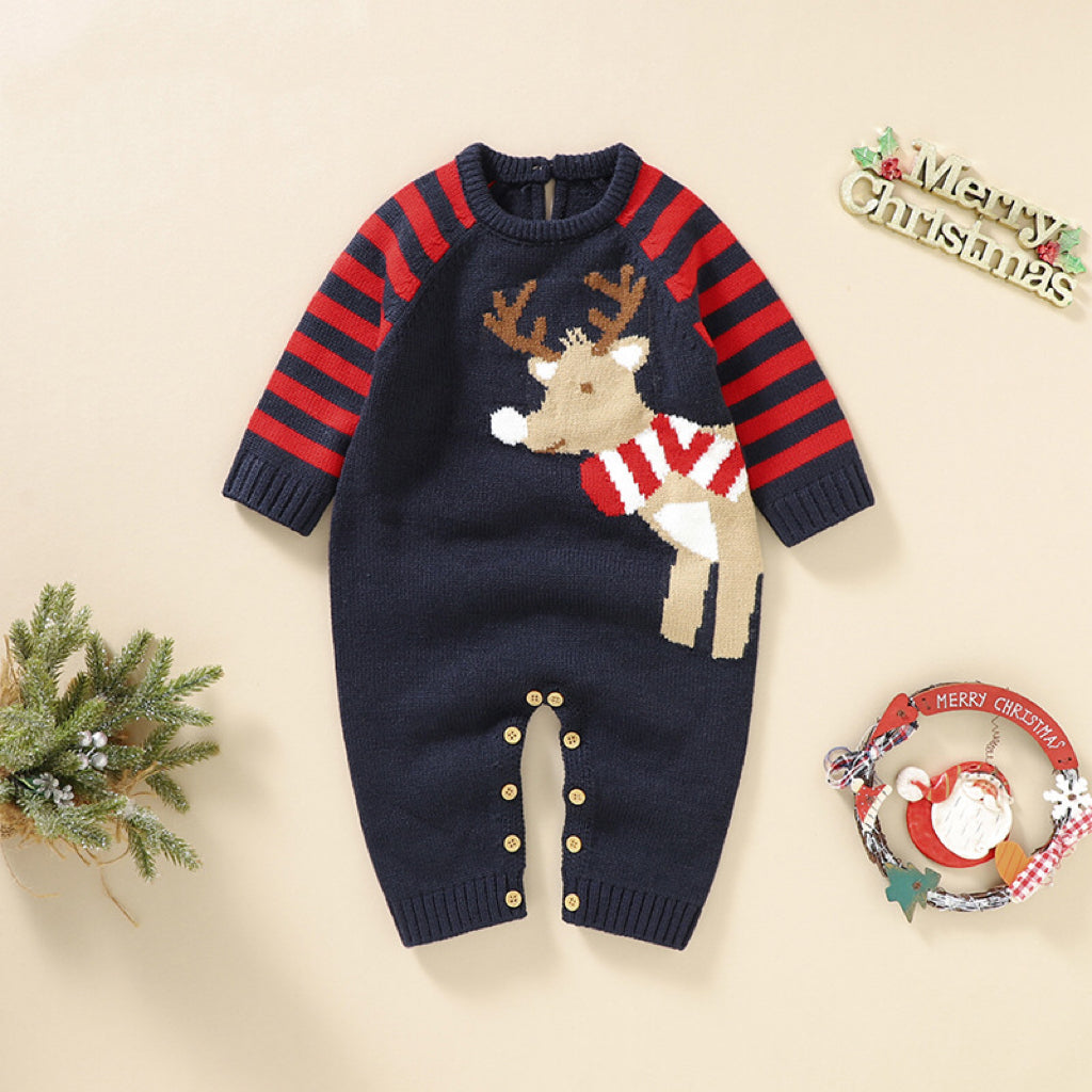 Baby Cartoon Elk Graphic Side Striped Sleeve Knitted Romper-0