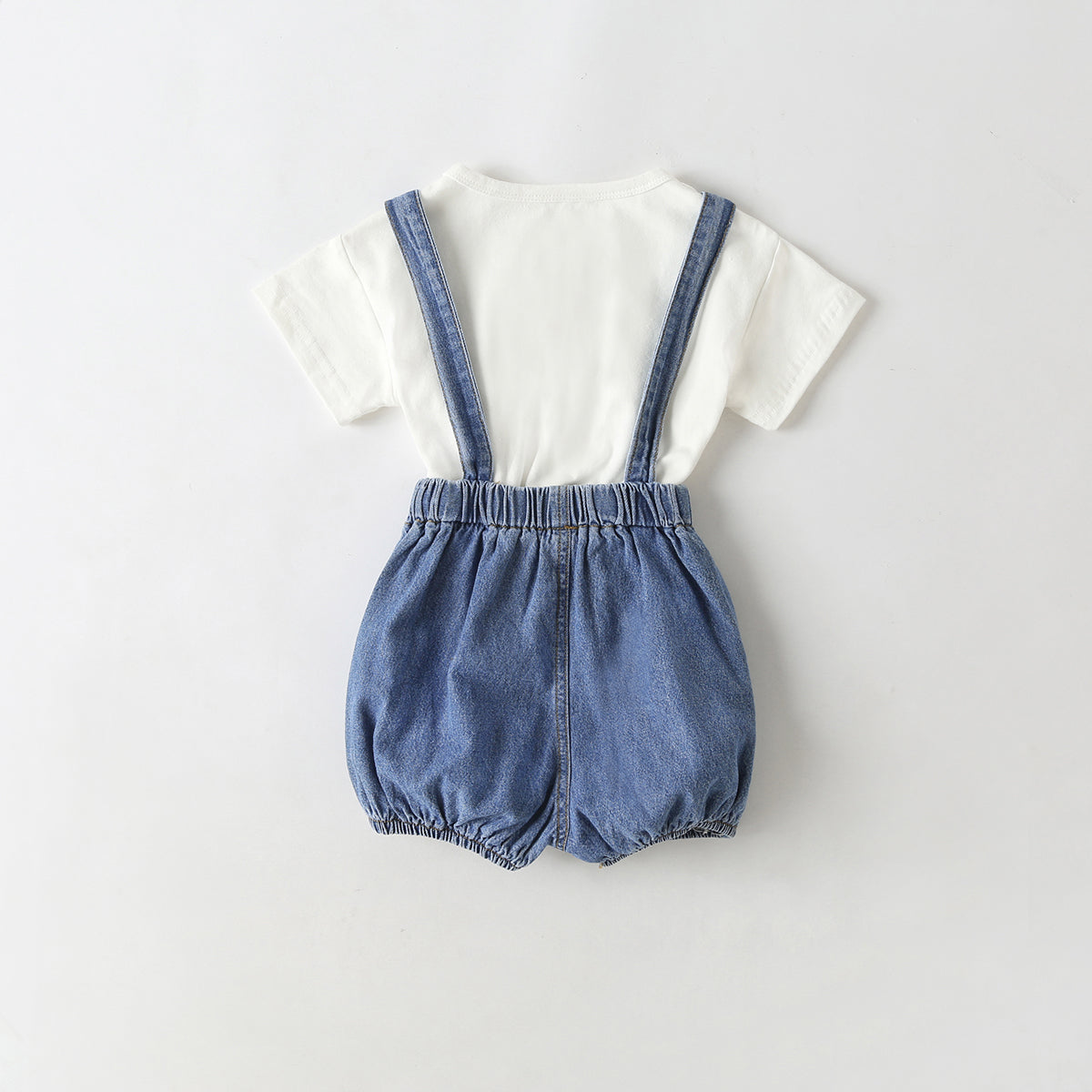 Baby Girl Solid Color Tee Combo Denim Strap Shorts 1-Piece Sets-6