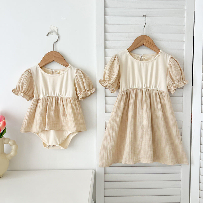 Summer Girls Apricot Patchwork Crew Neck Short Sleeves Onesies And Girls’ Dress – Simple Sister Matching Set-0