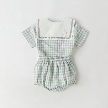 Baby Girl 1pcs Plaid Pattern Contrast Tape Lapel Design Combo Shorts Sets-6