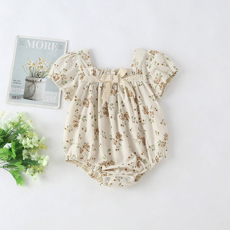 Baby Girl Floral Print Pattern Puff Sleeved Design Onesies With Bow Decoration In Summer-0