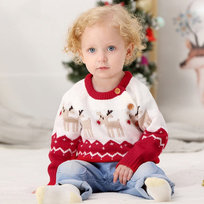 Baby Cartoon Christmas Deer Pattern Shoulder Button Design Knitted Pullover Sweater-5