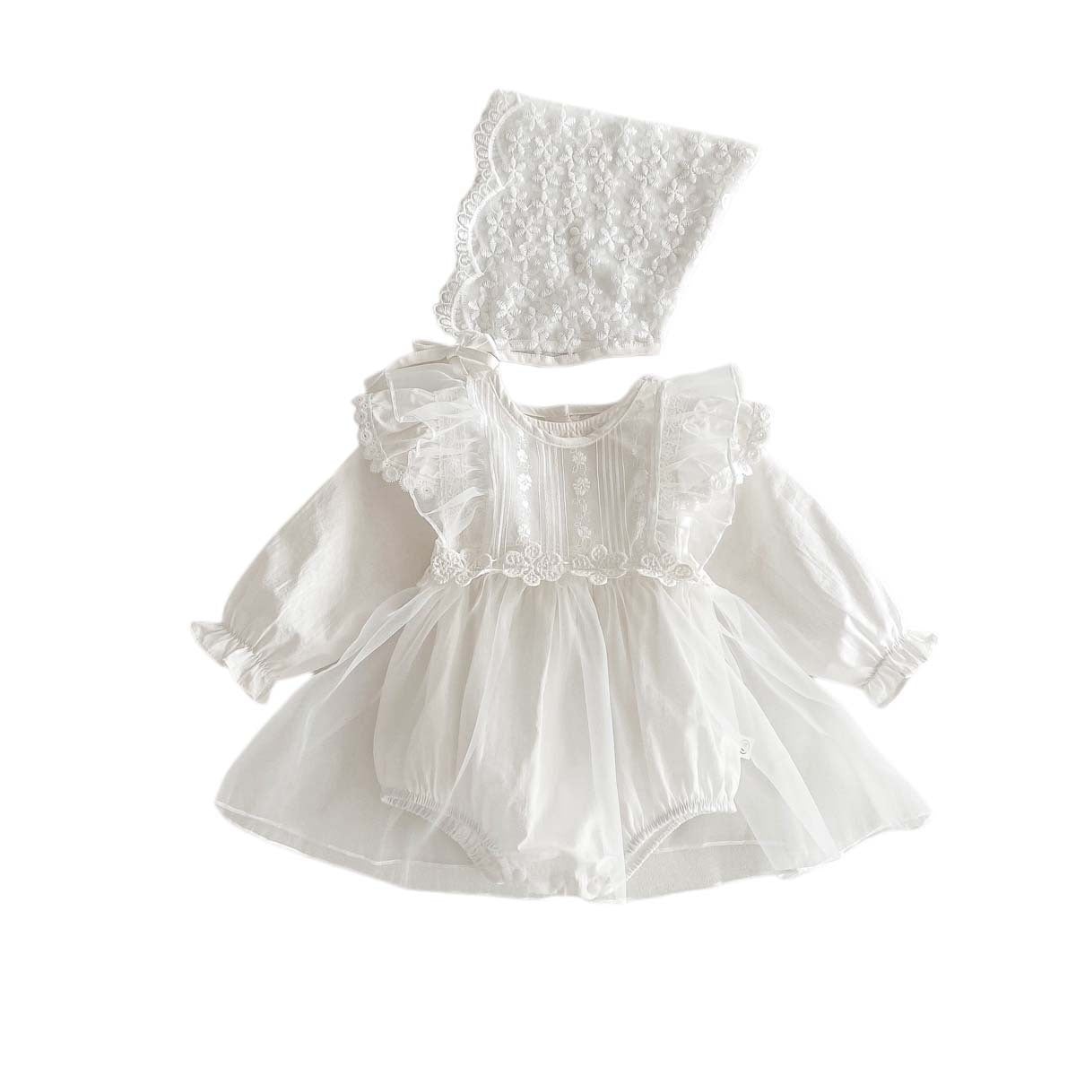 Spring Baby White Embroidery Lace Mesh Princess Onesie Dress For Girls-2