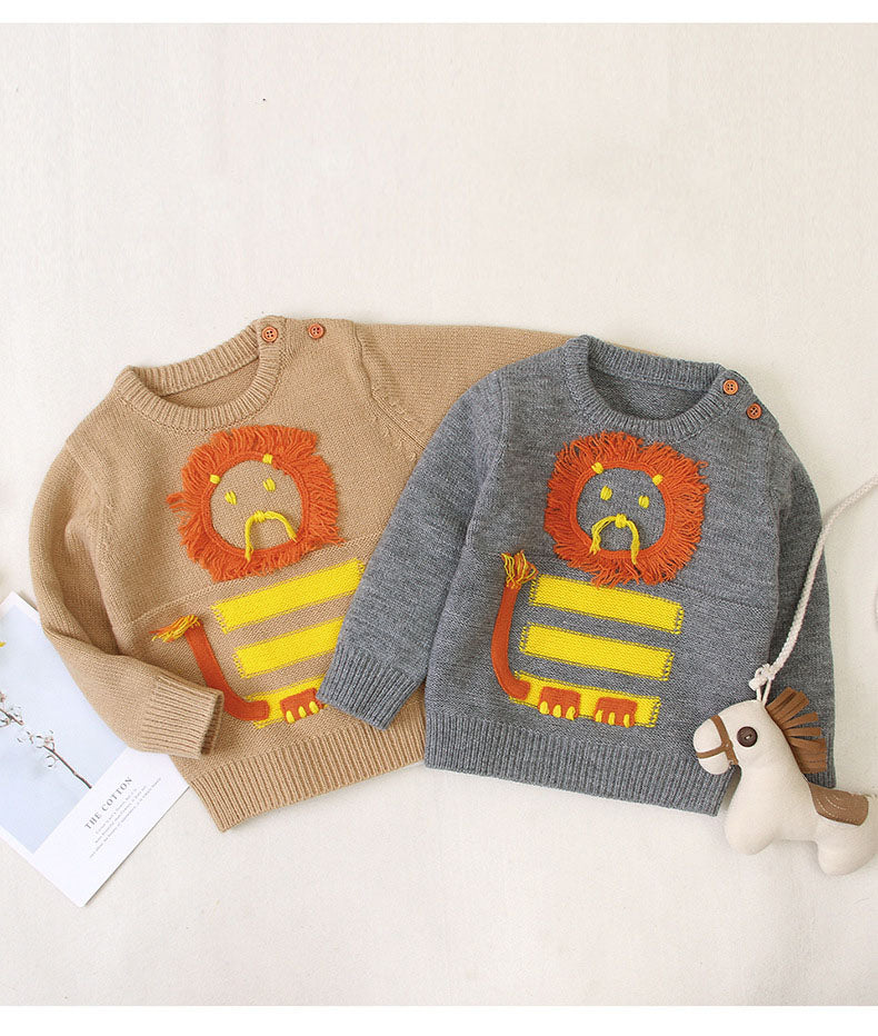 Baby Cartton Lion Emroidered Pattern Pullover Sweater-0