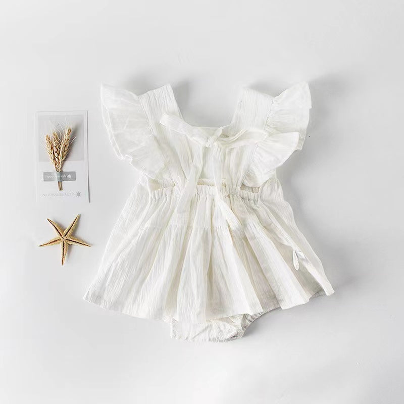 Baby Girl Belted Bow Tie Design Mesh Square Neck Solid White Onesies Dress-5