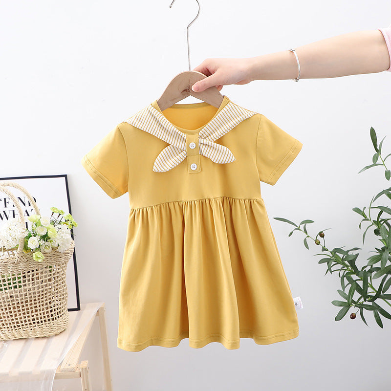 Summer Baby Kids Girls New Design Short Sleeves Preppy Crew Neck Dress-0