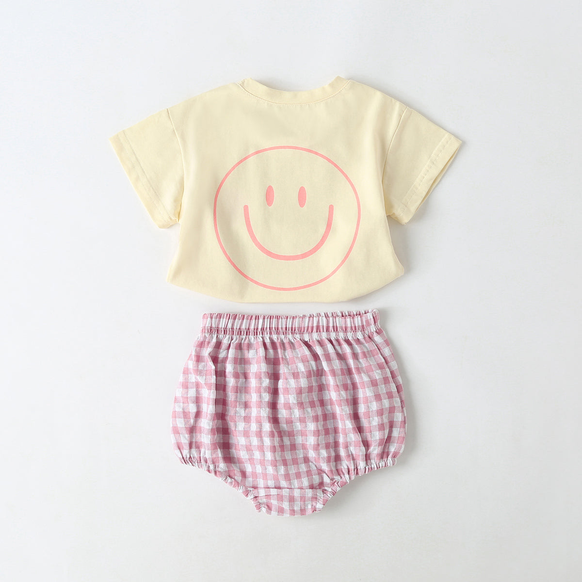 Baby Smiley Print Pattern Solid Tee Combo Plaid Pattern Triangle Shorts Sets-6