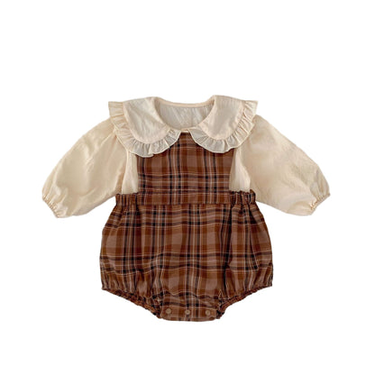 Vintage Style Plaid Pattern Strap Onesie With Shirt Sets-6