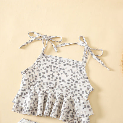 Baby Girl Floral Print Pattern Belt Design Sling Tops Combo Shorts Swimsuit Sets In Summer-6