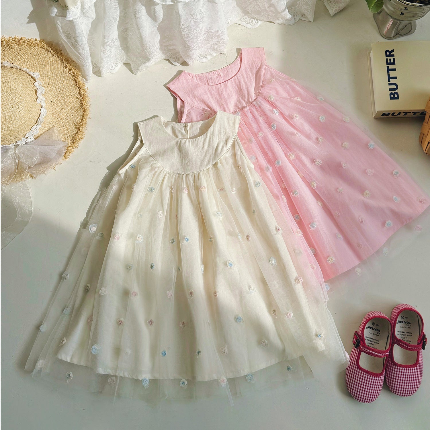 New Design Summer Kids Girls Sleeveless Rose Embroidery Mesh Dress-0