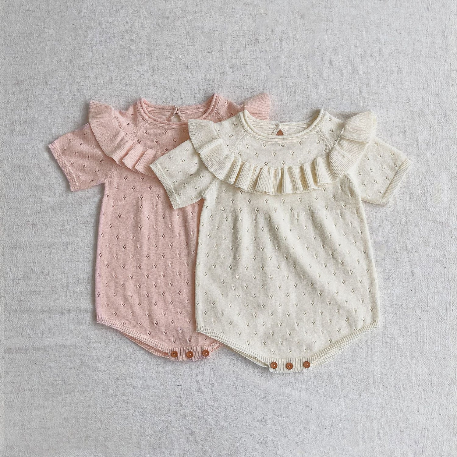 Baby Girl Solid Color Ruffle Design Breathable Knitted Onesies-0