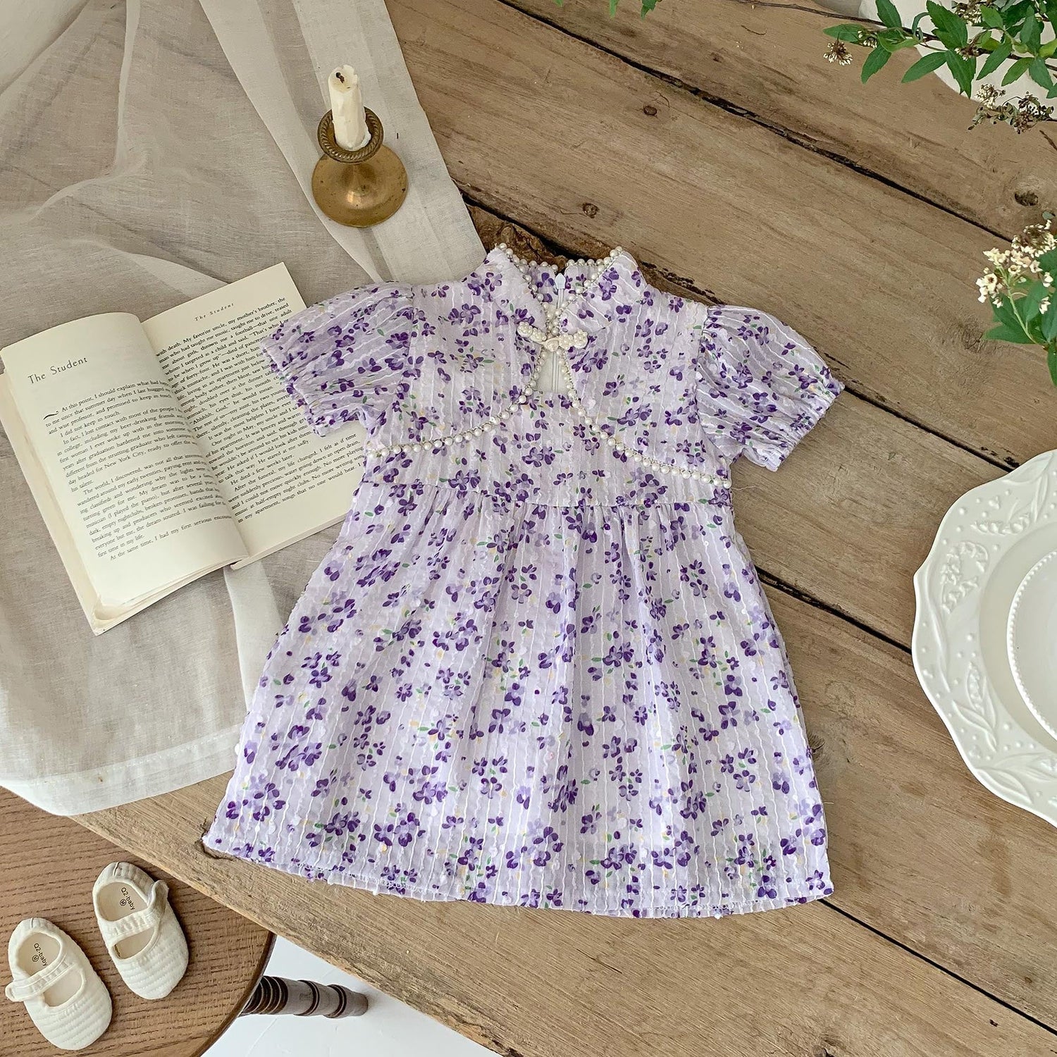 New Arrival Summer Girls Dense Floral Pattern Short Sleeves Beaded Design Dress-5