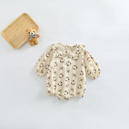 Baby Girl Flower Bear Print Pattern Doll Neck Sweet Bodysuit-0