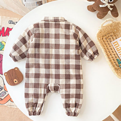 Baby Boy Plaid Pattern Snap Button Front Long-sleeved Thick Rompers-6