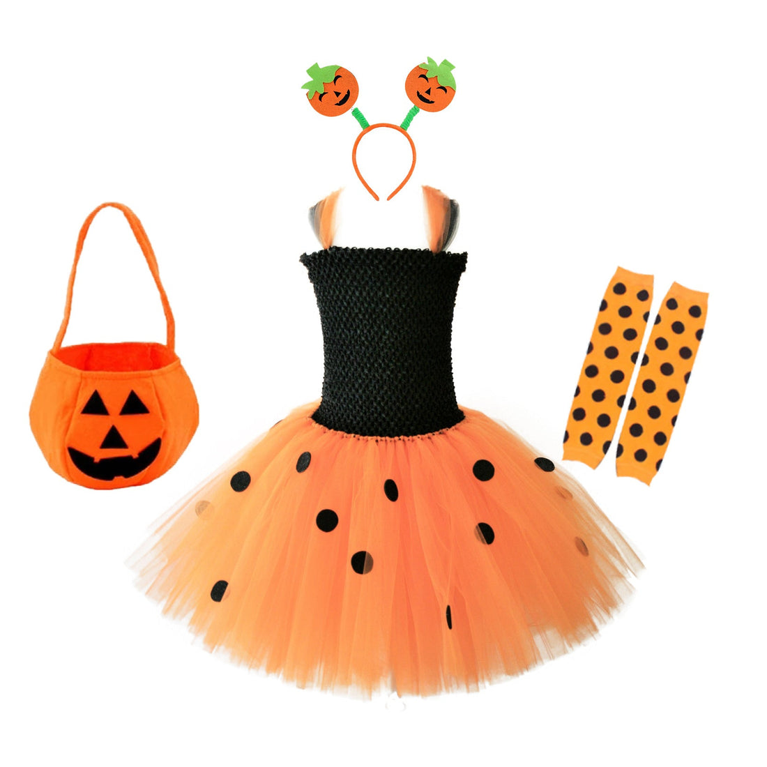 Children’s Halloween Pumpkin Tutu Dress With 3-Pieces Jewelry-1