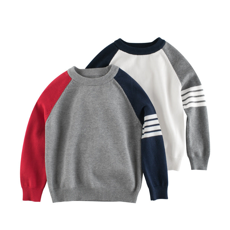 Baby Boy Contrast Design Side Striped Pattern Knitted Western Style Sweater-0