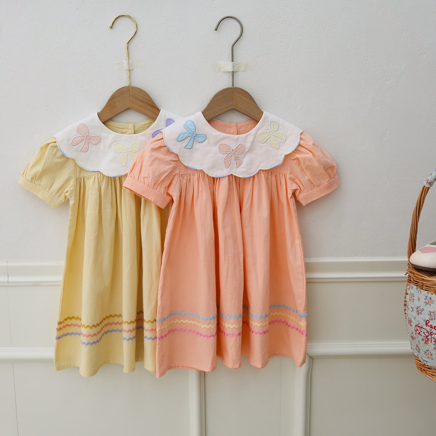 New Arrival Summer Kids Girls Colorful Bows Pattern Collar Short Sleeves Striped Dress-5