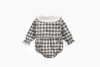 Baby Girl Plaid Pattern Doll Collar Design Long Sleeve Onesies With Buttons-6