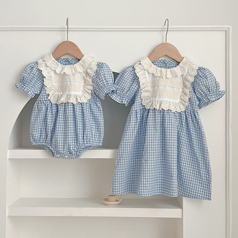 New Arrival Summer Girls Blue Plaid Noble Crew Neck Short Sleeves Onesies And Dress – Princess Sister Matching Set-5