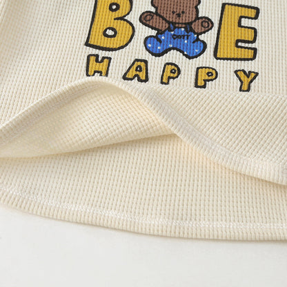 Baby Cartoon Bear &amp; Slogan Pattern Waffle Fabric Tops Combo Solid Shorts 1-Piece Sets-6