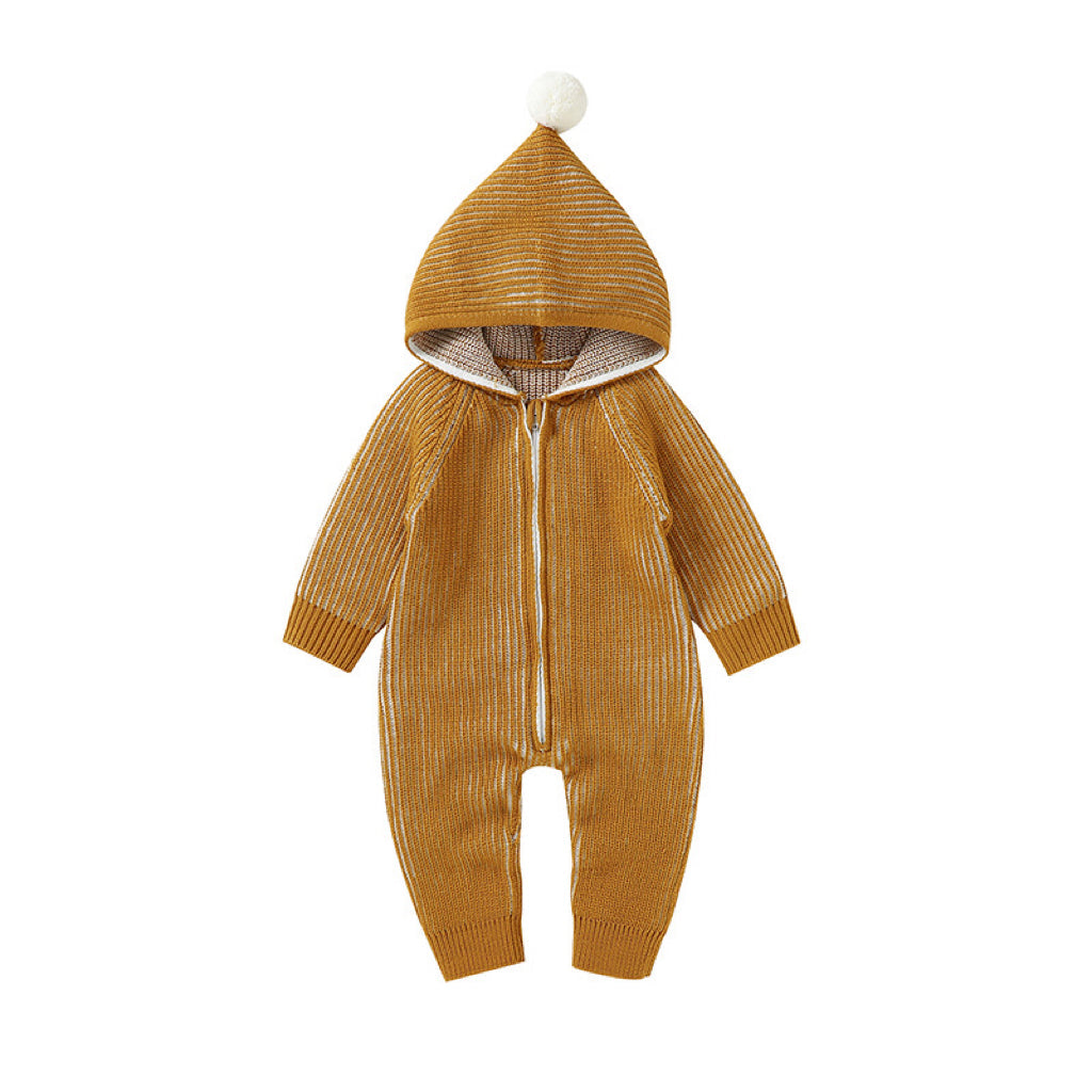 Baby Solid Color Zipper Front Design Hooded Knitted Romper-6