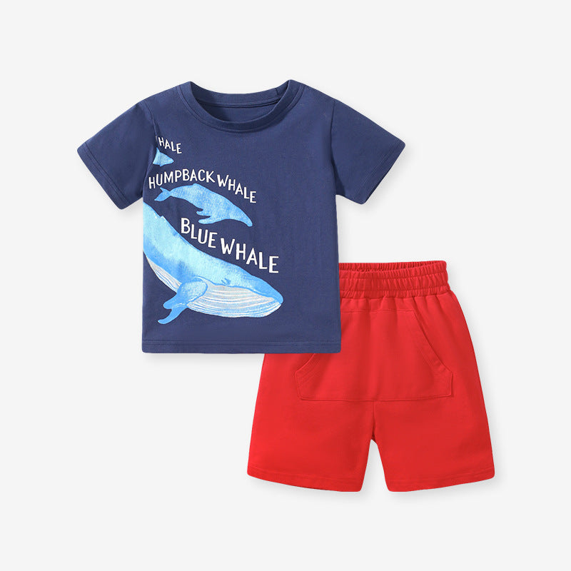 Baby And Kids Boys Whale Cartoon Short Sleeves Top And Shorts Casual Clothing Set-5