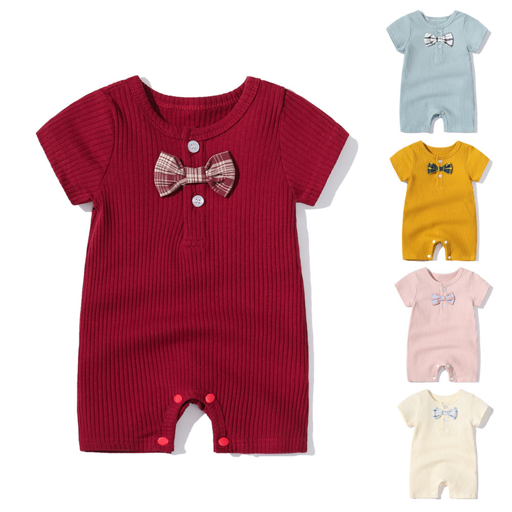 Baby Boy And Girl Solid Color Bow Tie Decoration Short Sleeve Neck-Buttoned Romper-0