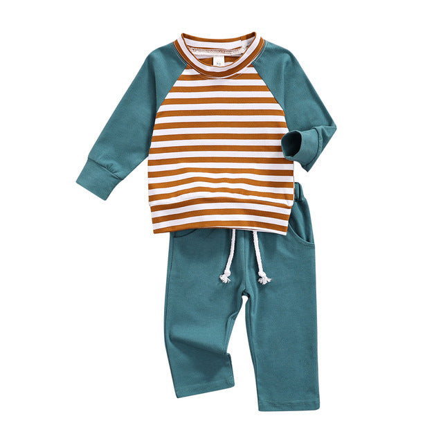 Baby Striped Pattern Contrast Design Hoodies Combo Solid Pants Sets-6